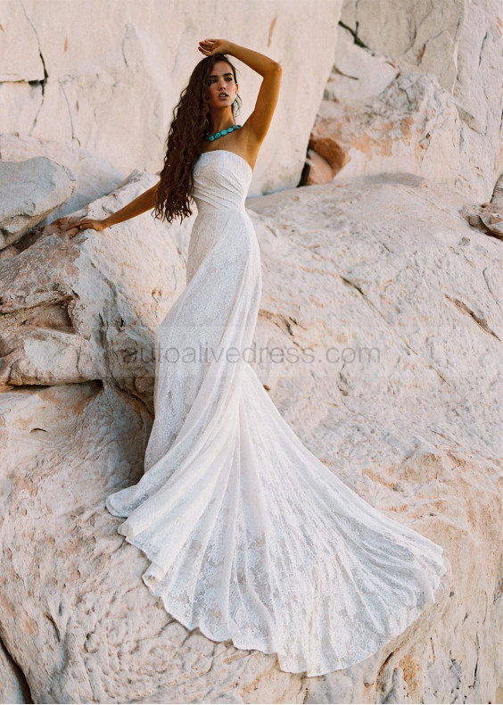 Strapless Ivory Lace Open Back Wedding Dress